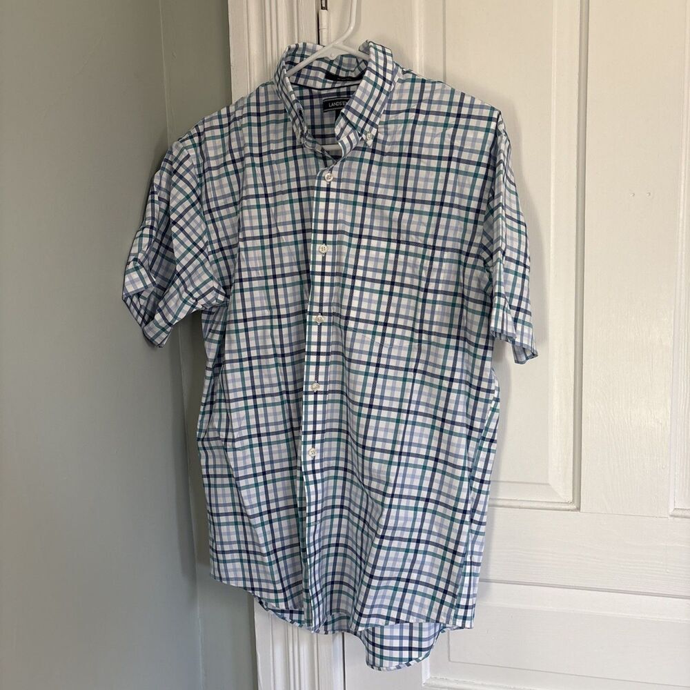 Lands'End Short Sleeve Traditional Fit No Iron Sportshirt‎ White Blue Medium